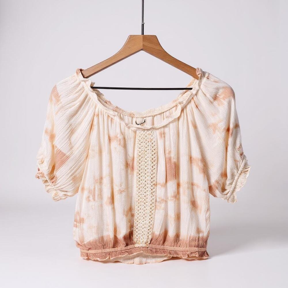 KIWI & PUNCH Tie Dye Ruffle Smocked Crop Top Orange White Peasant Womens Medium